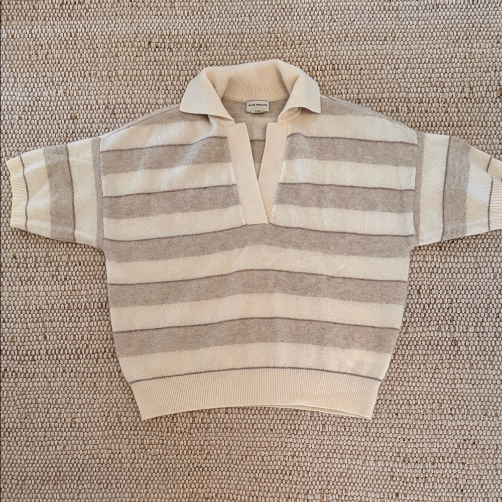 Club Monaco Cream and Taupe Striped V-Neck Polo Sweater